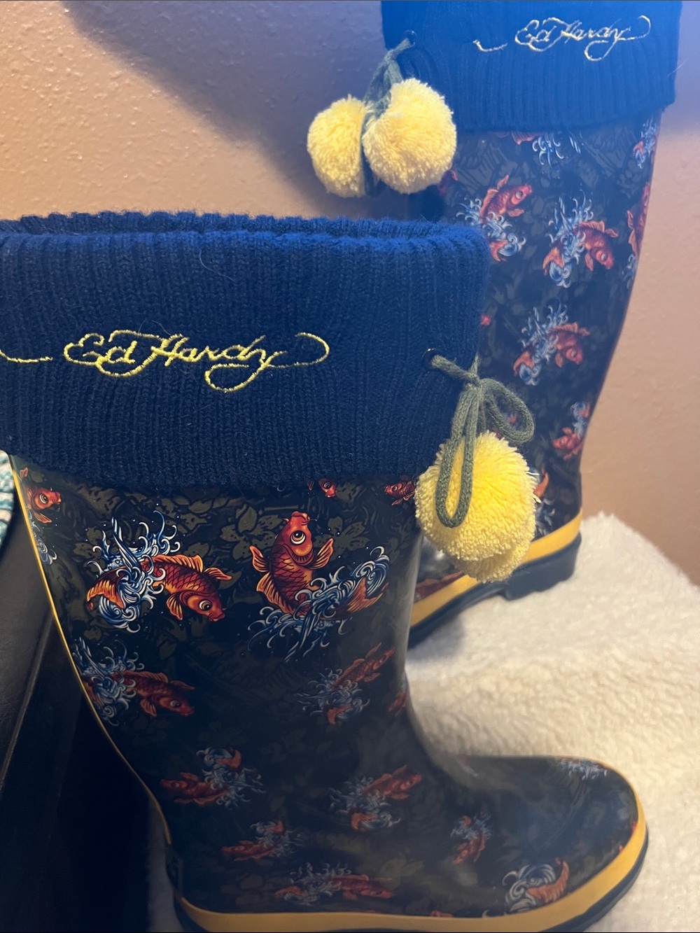 Vintage Ed Hardy Navy Rain Boots with Yellow Pom-Poms and Japanese Koi Fish